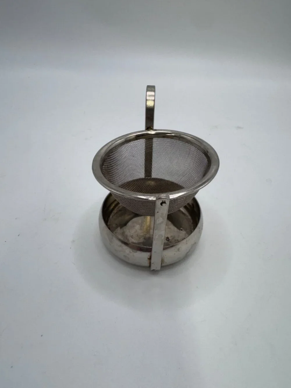 Vintage Stainless Steel Hook Tipping Tea Strainer  Drip Bowl - 3 